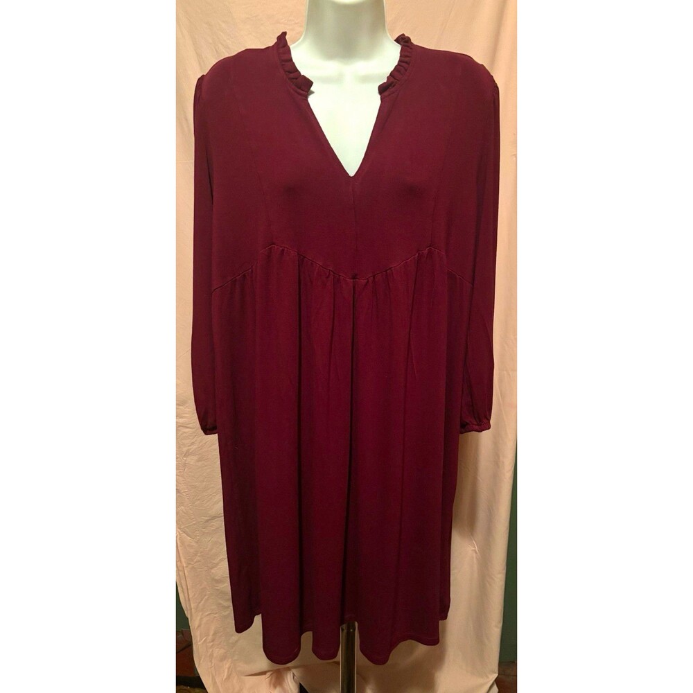 Wonderly Size XL Women’s Burgundy Babydoll Dress Ruffle Neck 44” Bust 35” L